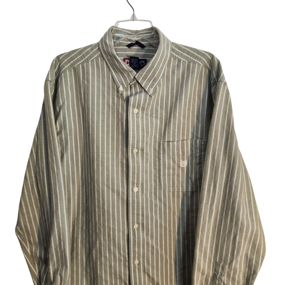 Chaps Mens XL Olive Green White Striped Button Down Shirt 100% Cotton LS Vtg